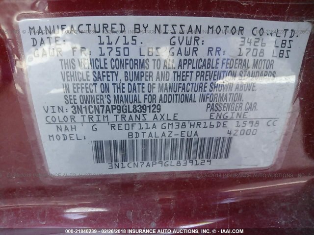 3N1CN7AP9GL839129 - 2016 NISSAN VERSA S/S PLUS/SV/SL RED photo 9