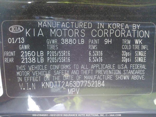 KNDJT2A63D7752184 - 2013 KIA SOUL +/!/SPORT BLACK photo 9