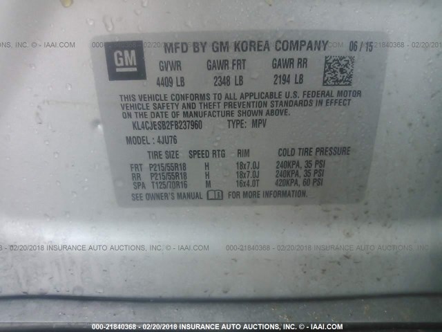 KL4CJESB2FB237960 - 2015 BUICK ENCORE SILVER photo 9