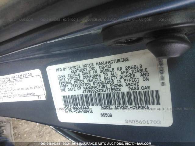 4T1BE32K03U778902 - 2003 TOYOTA CAMRY LE/XLE/SE ღია ლურჯი ფოტო 9