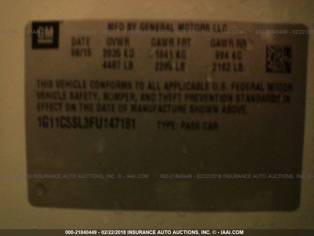1G11C5SL3FU147181 - 2015 CHEVROLET MALIBU 1LT 白色 照片 9