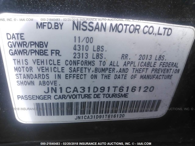 JN1CA31D91T616120 - 2001 NISSAN MAXIMA GXE/SE/GLE/20TH ANNIV GRAY photo 9