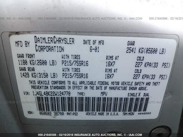 1J4GL48K22W124770 - 2002 JEEP LIBERTY SPORT 银色 照片 9