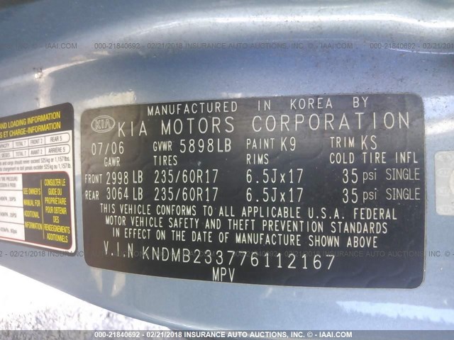 KNDMB233776112167 - 2007 KIA SEDONA EX/LX BLUE photo 9