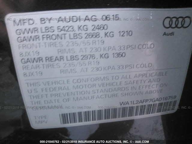 WA1L2AFP7GA016759 - 2016 AUDI Q5 PREMIUM PLUS GRAY photo 9