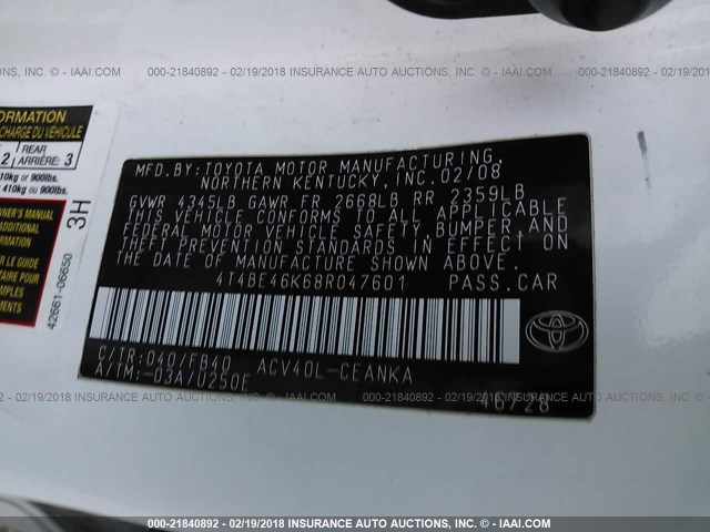 4T4BE46K68R047601 - 2008 TOYOTA CAMRY CE/LE/XLE/SE WHITE photo 9