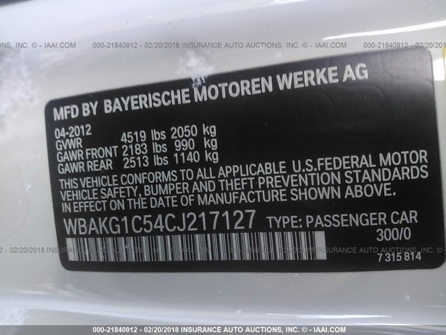WBAKG1C54CJ217127 - 2012 BMW 335 I SULEV WHITE photo 9