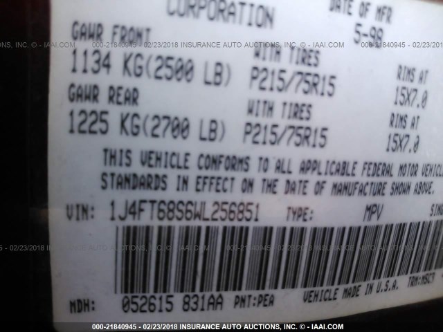 1J4FT68S6WL256851 - 1998 JEEP CHEROKEE SPORT/CLASSIC წითელი ფოტო 9