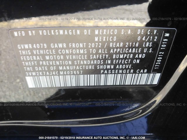 3VW2K7AJ4CM403657 - 2012 VOLKSWAGEN JETTA S 黑色 照片 9