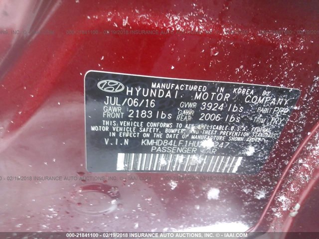 KMHD84LF1HU253247 - 2017 HYUNDAI ELANTRA SE/VALUE/LIMITED RED photo 9