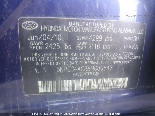 5NPEC4AC8BH086547 - 2011 HYUNDAI SONATA SE/LIMITED BLUE photo 9