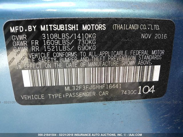 ML32F3FJ6HHF16441 - 2017 MITSUBISHI MIRAGE G4 ES ლურჯი ფოტო 9