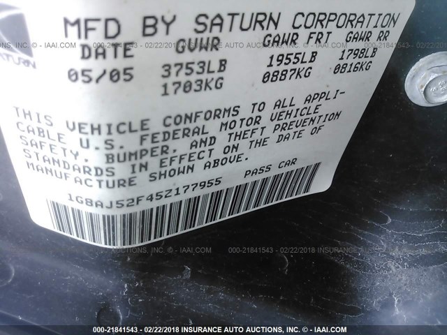 1G8AJ52F45Z177955 - 2005 SATURN ION LEVEL 2 BLACK photo 9