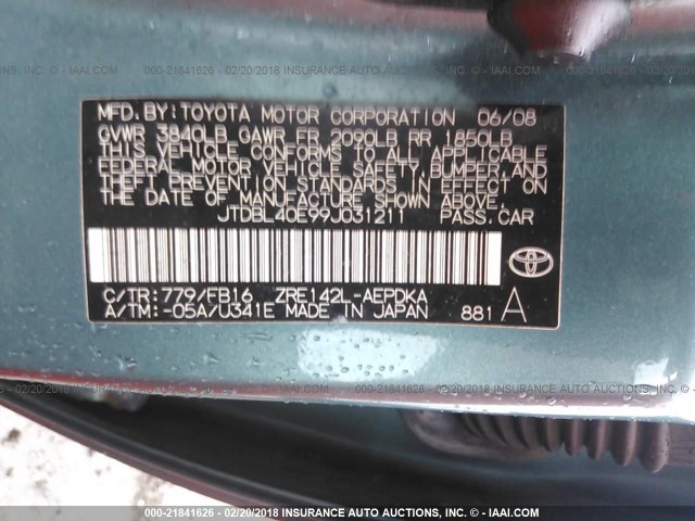 JTDBL40E99J031211 - 2009 TOYOTA COROLLA LE/XLE GREEN photo 9