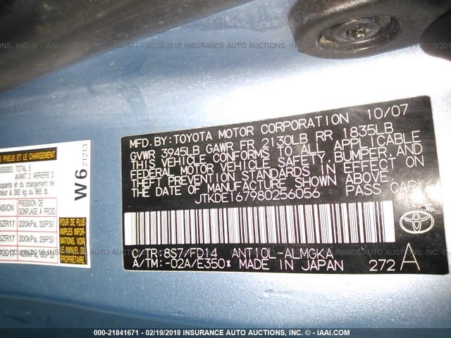 JTKDE167980256056 - 2008 TOYOTA SCION TC 蓝色 照片 9
