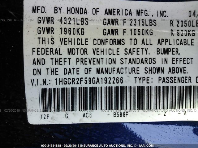 1HGCR2F59GA192266 - 2016 HONDA ACCORD SPORT Көк фото 9