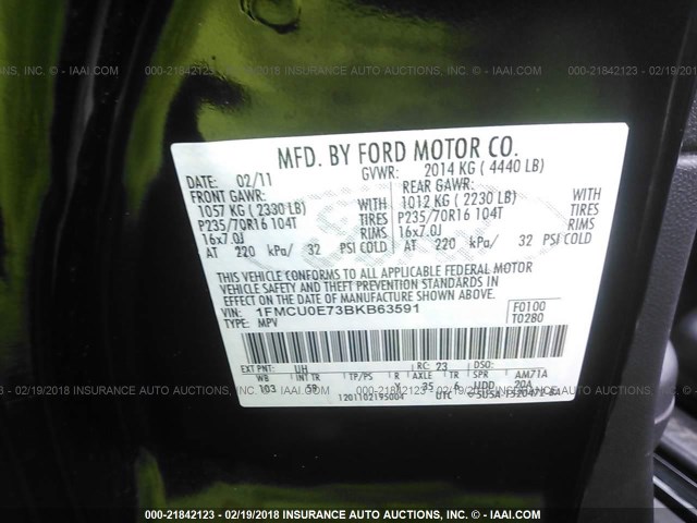 1FMCU0E73BKB63591 - 2011 FORD ESCAPE LIMITED BLACK photo 9