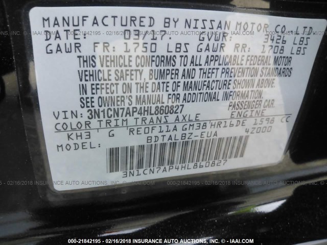 3N1CN7AP4HL860827 - 2017 NISSAN VERSA S/S PLUS/SV/SL BLACK photo 9