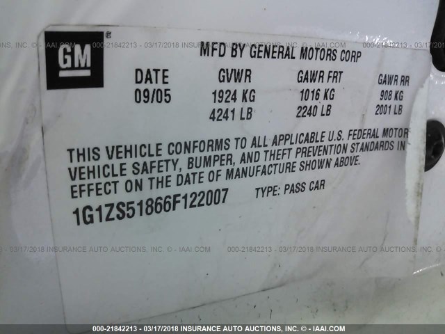 1G1ZS51866F122007 - 2006 CHEVROLET MALIBU LS Ağ foto 9