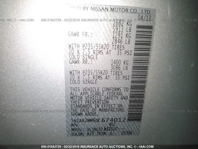 5N1AR2MM6DC674012 - 2013 NISSAN PATHFINDER S/SV/SL/PLATINUM 银色 照片 9