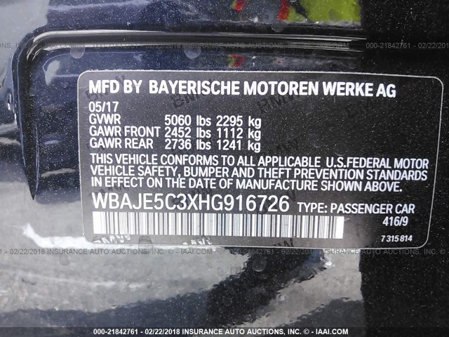 WBAJE5C3XHG916726 - 2017 BMW 540 I BLACK photo 9