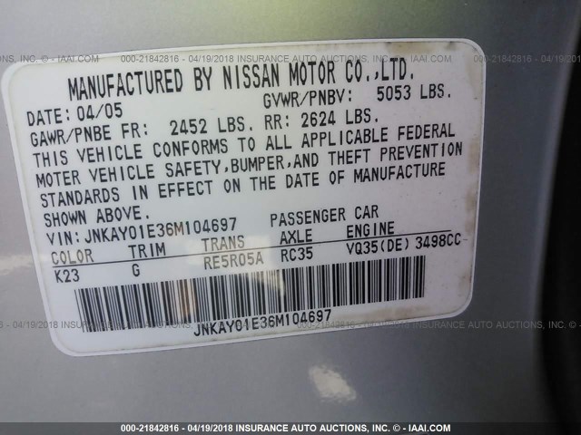 JNKAY01E36M104697 - 2006 INFINITI M35 SPORT SILVER photo 9