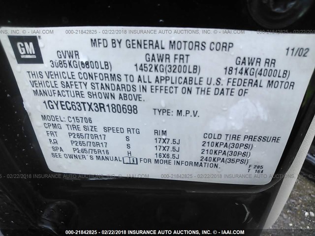 1GYEC63TX3R180698 - 2003 CADILLAC ESCALADE LUXURY შავი ფოტო 9