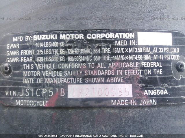 JS1CP51B1B2100535 - 2011 SUZUKI AN650 A WHITE photo 10