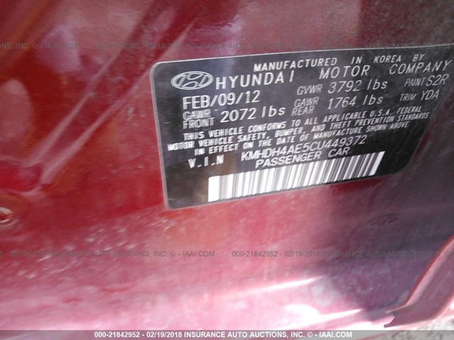 KMHDH4AE5CU449372 - 2012 HYUNDAI ELANTRA GLS/LIMITED RED photo 9