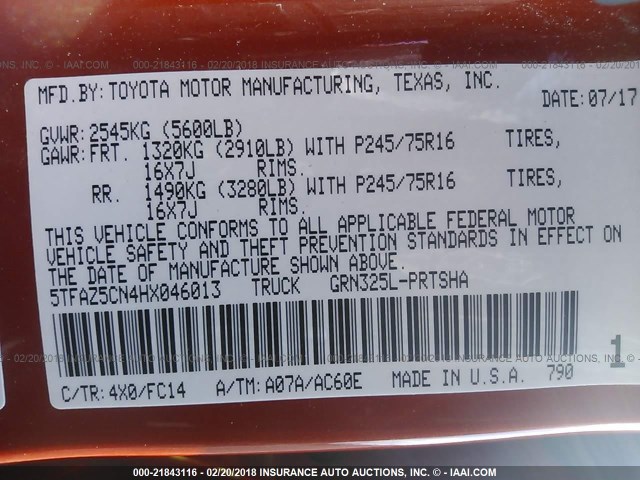 5TFAZ5CN4HX046013 - 2017 TOYOTA TACOMA DBL CAB/SR5/TRD SPORT/OR ORANGE photo 9