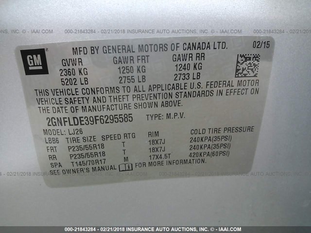 2GNFLDE39F6295585 - 2015 CHEVROLET EQUINOX LTZ SILVER photo 9