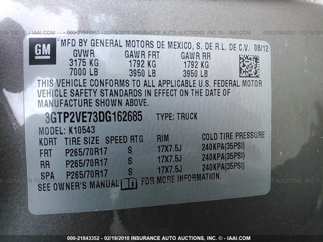 3GTP2VE73DG162685 - 2013 GMC SIERRA K1500 SLE Pewter photo 9