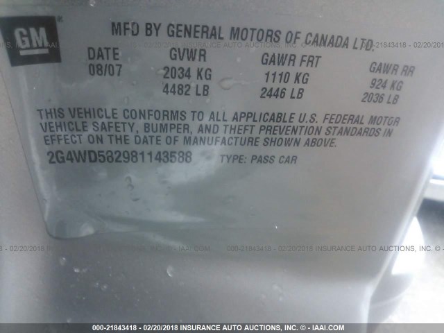 2G4WD582981143588 - 2008 BUICK LACROSSE CXL SILVER photo 9