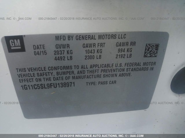 1G11C5SL9FU138971 - 2015 CHEVROLET MALIBU 1LT 白色 照片 9