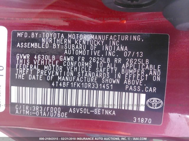 4T4BF1FK1DR331451 - 2013 TOYOTA CAMRY L/SE/LE/XLE RED photo 9