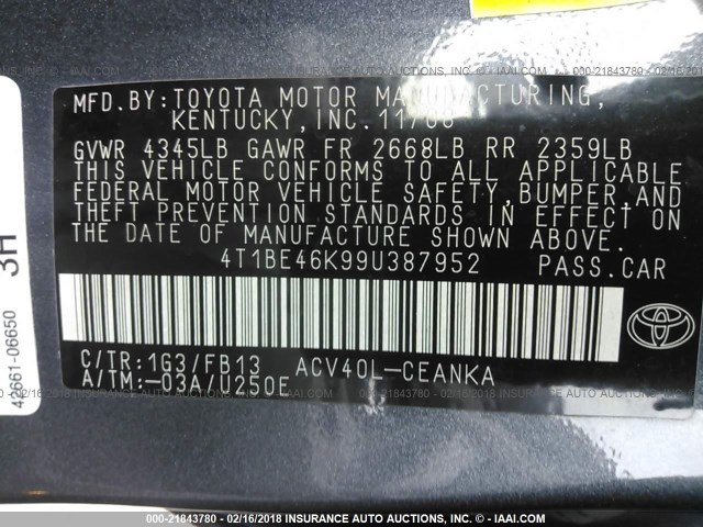 4T1BE46K99U387952 - 2009 TOYOTA CAMRY SE/LE/XLE 灰色 照片 9