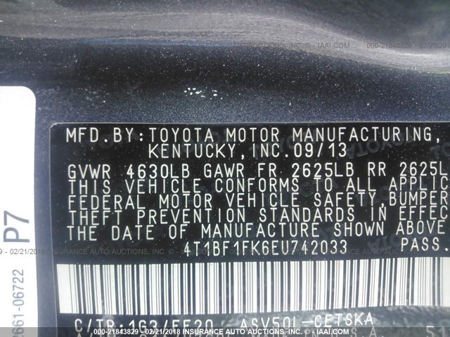 4T1BF1FK6EU742033 - 2014 TOYOTA CAMRY L/SE/LE/XLE 灰色 照片 9