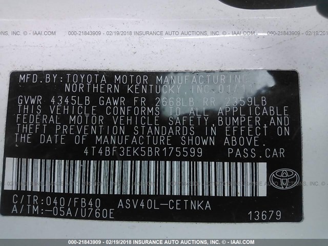 4T4BF3EK5BR175599 - 2011 TOYOTA CAMRY SE/LE/XLE WHITE photo 9