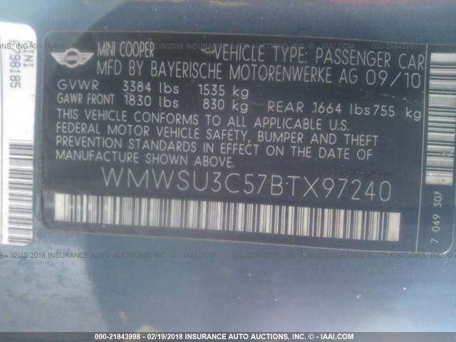 WMWSU3C57BTX97240 - 2011 MINI COOPER Dark Blue photo 9