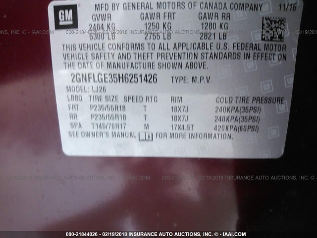 2GNFLGE35H6251426 - 2017 CHEVROLET EQUINOX PREMIER RED photo 9