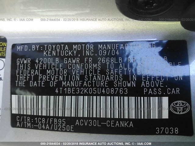 4T1BE32K05U408763 - 2005 TOYOTA CAMRY LE/XLE/SE 银色 照片 9