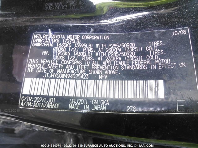 JTJHY00W494025423 - 2009 LEXUS LX 570 BLACK photo 9