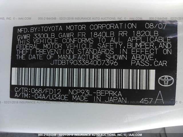 JTDBT903384007396 - 2008 TOYOTA YARIS თეთრი ფოტო 9