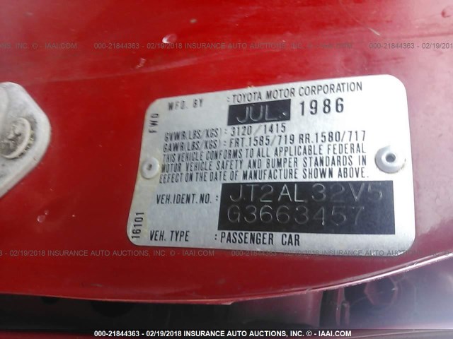 JT2AL32V5G3663457 - 1986 TOYOTA TERCEL DELUXE RED photo 9