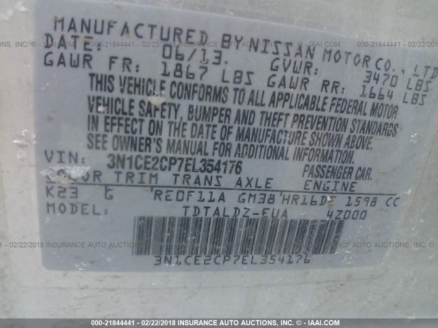 3N1CE2CP7EL354176 - 2014 NISSAN VERSA NOTE S/S PLUS/SV/SL GRAY photo 9