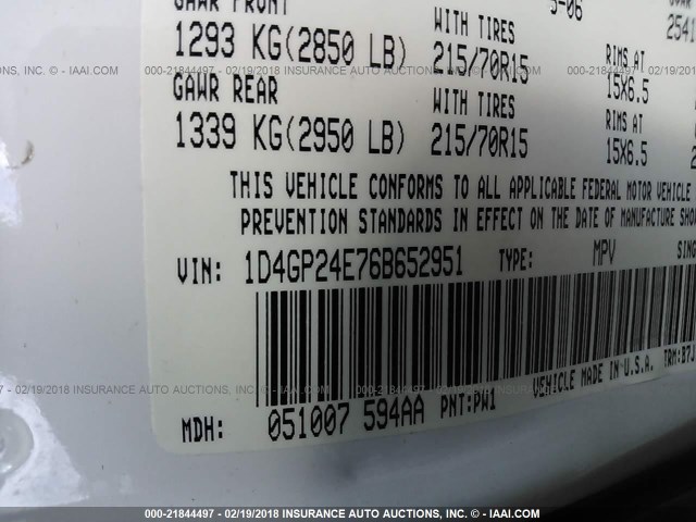 1D4GP24E76B652951 - 2006 DODGE GRAND CARAVAN SE WHITE photo 9