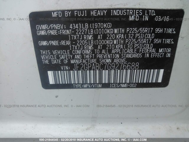 JF2GPABC7G9276688 - 2016 SUBARU CROSSTREK PREMIUM თეთრი ფოტო 9