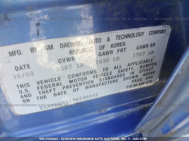 KL1TD66617B735043 - 2007 CHEVROLET AVEO LS BLUE photo 9