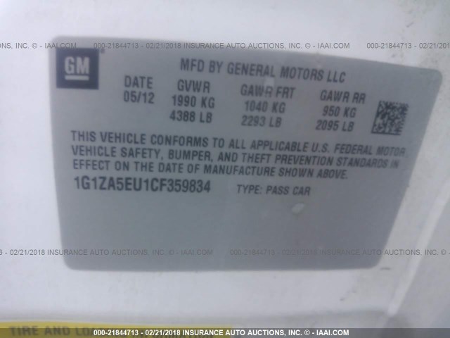 1G1ZA5EU1CF359834 - 2012 CHEVROLET MALIBU LS 白色 照片 9