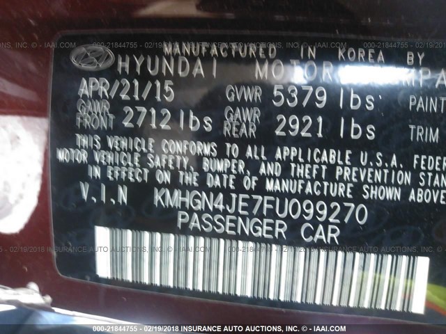 KMHGN4JE7FU099270 - 2015 HYUNDAI GENESIS 3.8L BURGUNDY photo 9